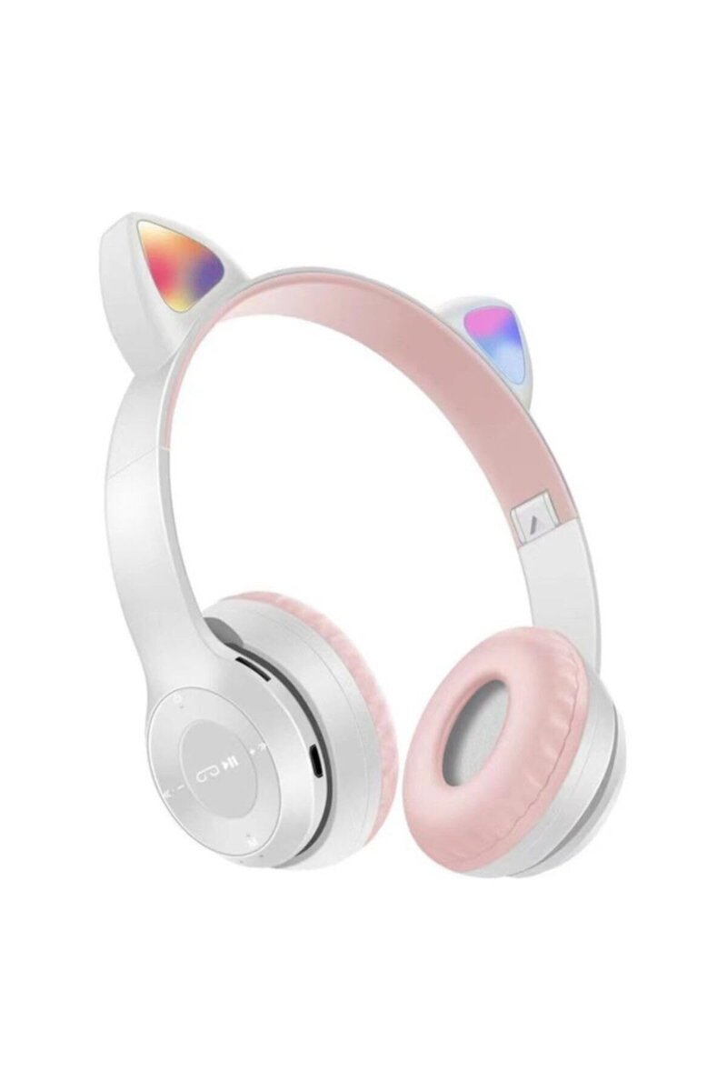 Teknosepetim P47M Kedili Katlanabilir Kulak Üstü Kablosuz Bluetooth 5.0 Kulaklık Ledli Kız Kadın Beyaz