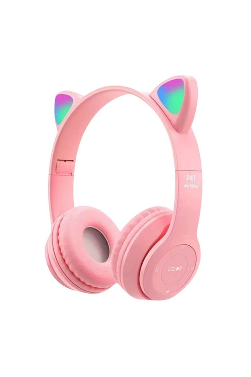 Teknosepetim Kablosuz Bluetooth 5.0 Led Işıklı Kedili Şık Kulaklık Hediye Çocuk Oyuncu, Pembe