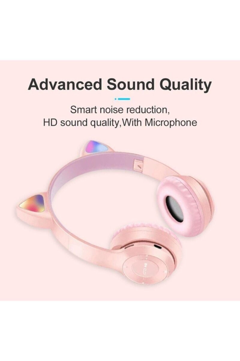 Teknosepetim Kedili Katlanabilir Kulak Üstü Kablosuz Bluetooth 5.0 Kulaklık Ledli Genç Kız Kadın Mor