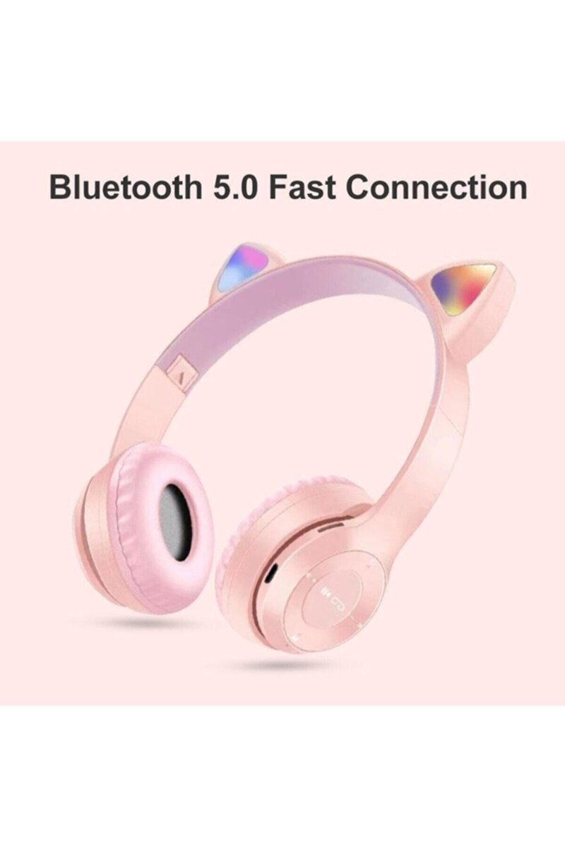 Teknosepetim Kedili Katlanabilir Kulak Üstü Kablosuz Bluetooth 5.0 Kulaklık Ledli Genç Kız Kadın Mor