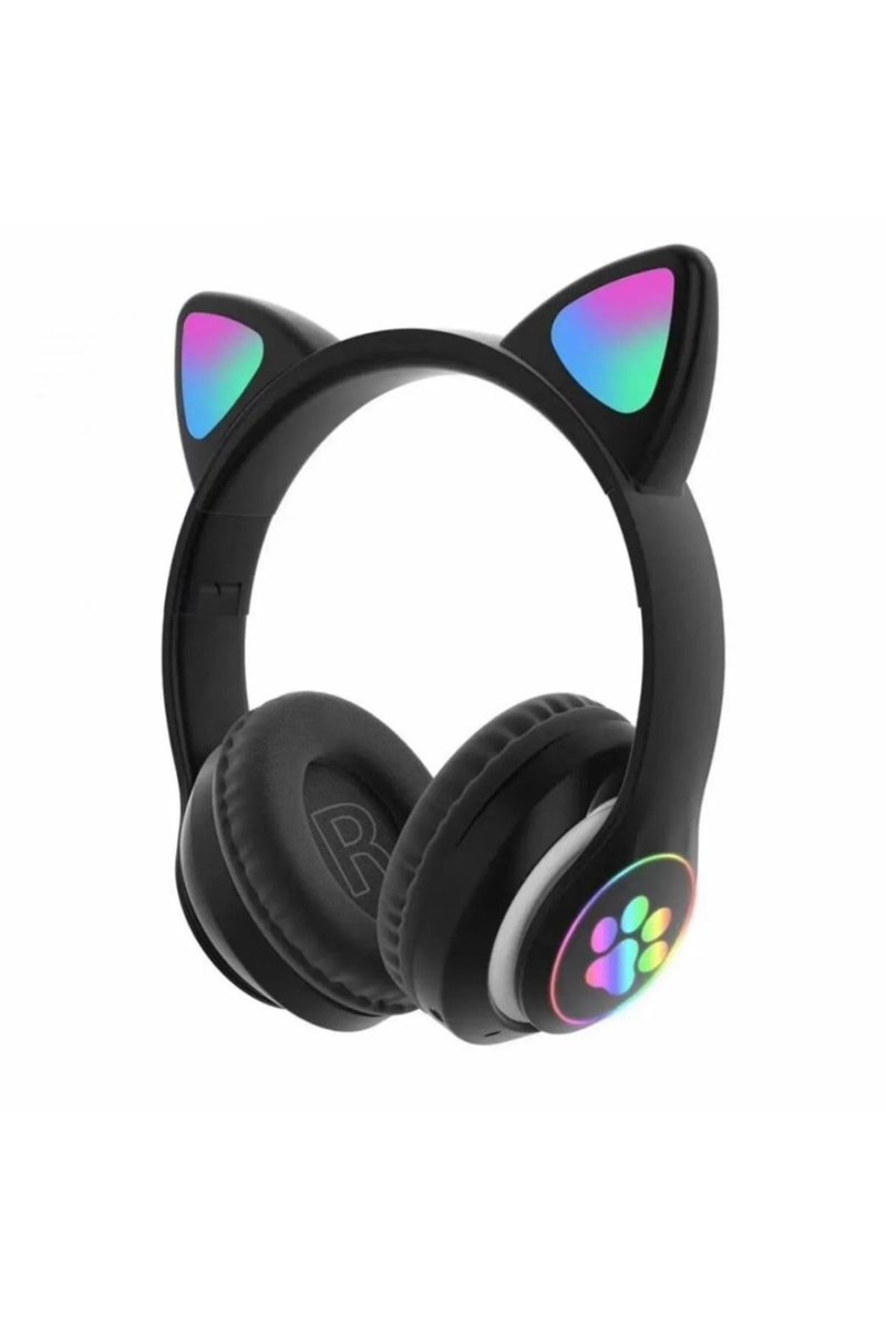 Teknosepetim Kablosuz Bluetooth Kulaküstü Rgb Işıklı Kedi Desenli Kulaklık P47M, Gri-Pembe