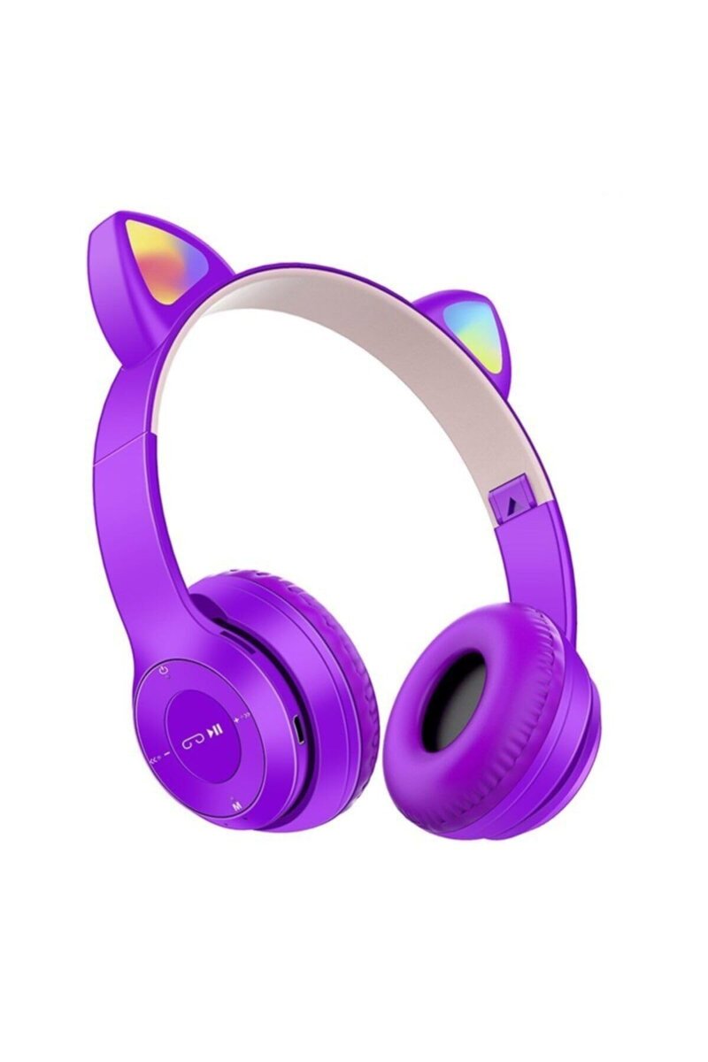 Teknosepetim P47M Kedili Katlanabilir Kulak Üstü Kablosuz Bluetooth 5.0 Kulaklık Ledli Genç Kız Kadın Mor