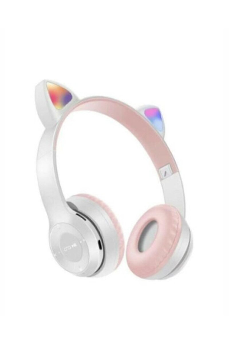 Teknosepetim Kablosuz Bluetooth Kulaküstü Kedili P47M Kulaklık Rgb Işıklı Kedi Desenli Kulaklık Beyaz
