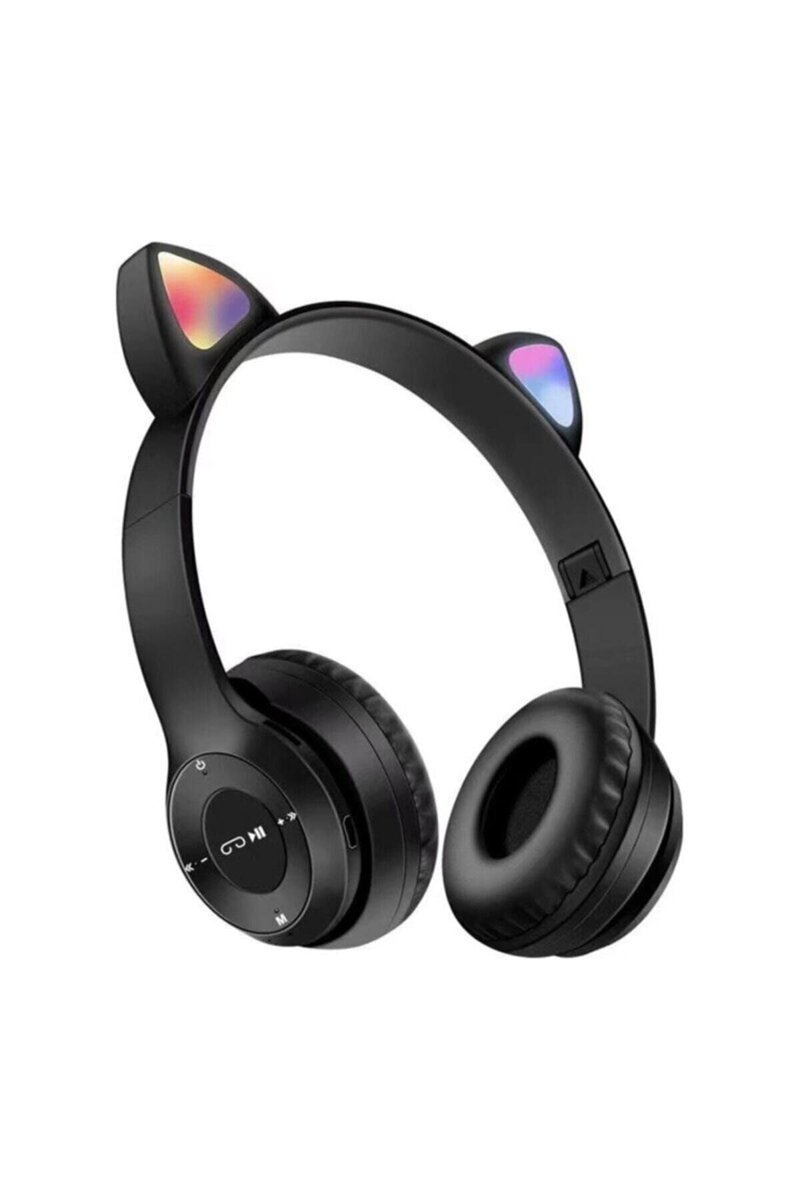 Teknosepetim P47M Kedili Katlanabilir Kulak Üstü Kablosuz Bluetooth 5.0 Kulaklık Ledli Çocuk Kulaklık, Siyah