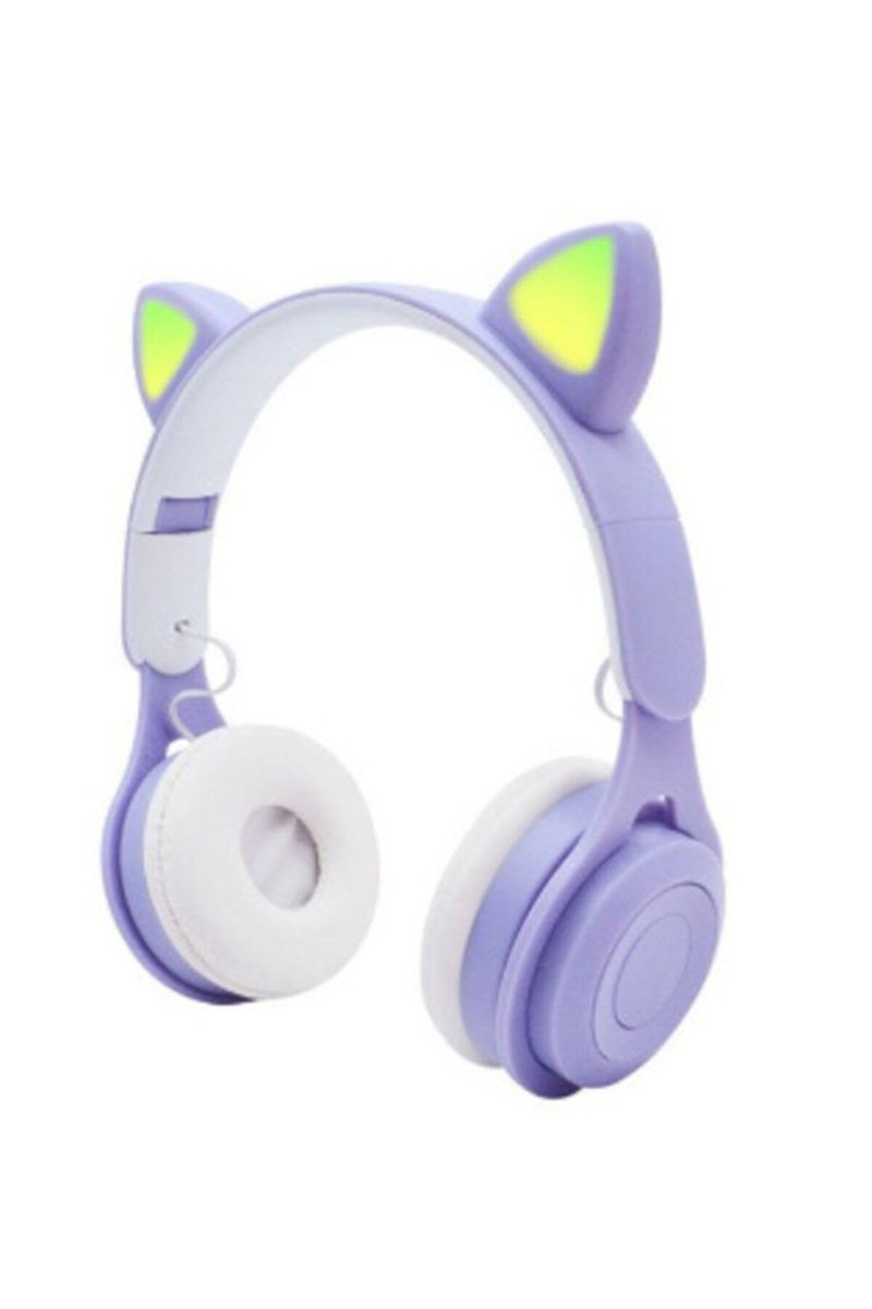 Teknosepetim Sevimli Kablosuz Wireless Bluetooth 5.0 Radyolu Fm Led Işıklı Kedili Kulaklık Kız Çocuk Lila