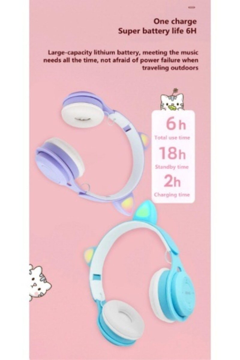 Teknosepetim Sevimli Kablosuz Wireless Bluetooth 5.0 Radyolu Fm Led Işıklı Kedili Kulaklık Kız Çocuk Lila