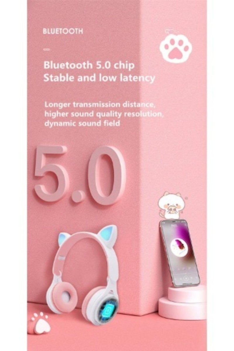 Teknosepetim Sevimli Kablosuz Wireless Bluetooth 5.0 Radyolu Fm Led Işıklı Kedili Kulaklık Kız Çocuk Lila