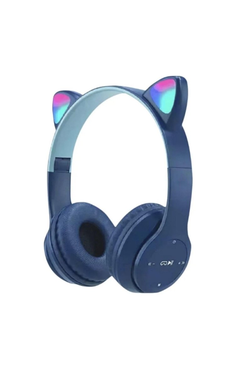 Teknosepetim A+ Kalite Vilya Kedi Kulağı Detaylı Uyumlu Bluetooth Kablosuz Kulaklık Çocuk Oyuncu + Aux Kablo, Koyu Mavi