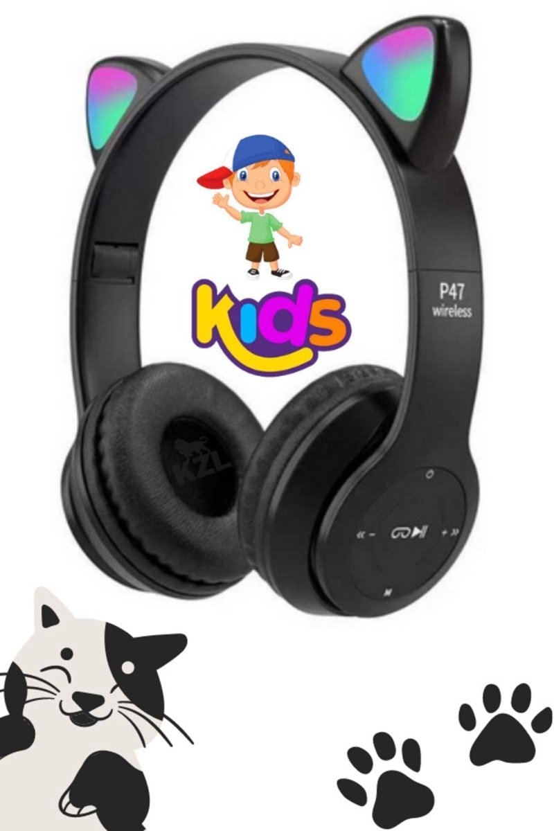 Teknosepetim Kedi Kulağı Detaylı Kablosuz Rengarenk Işıklı Buetooth Rgb Çocuk Oyuncu Kulaklık Üstün Performans, Mat Siyah