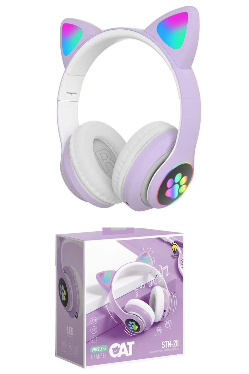 Teknosepetim Kedi Kulaklık Rgb Işıklı Bluetooth Kulaklık Kablosuz Extra Bass Kart Girişli Cat Mikrofonlu, Lila