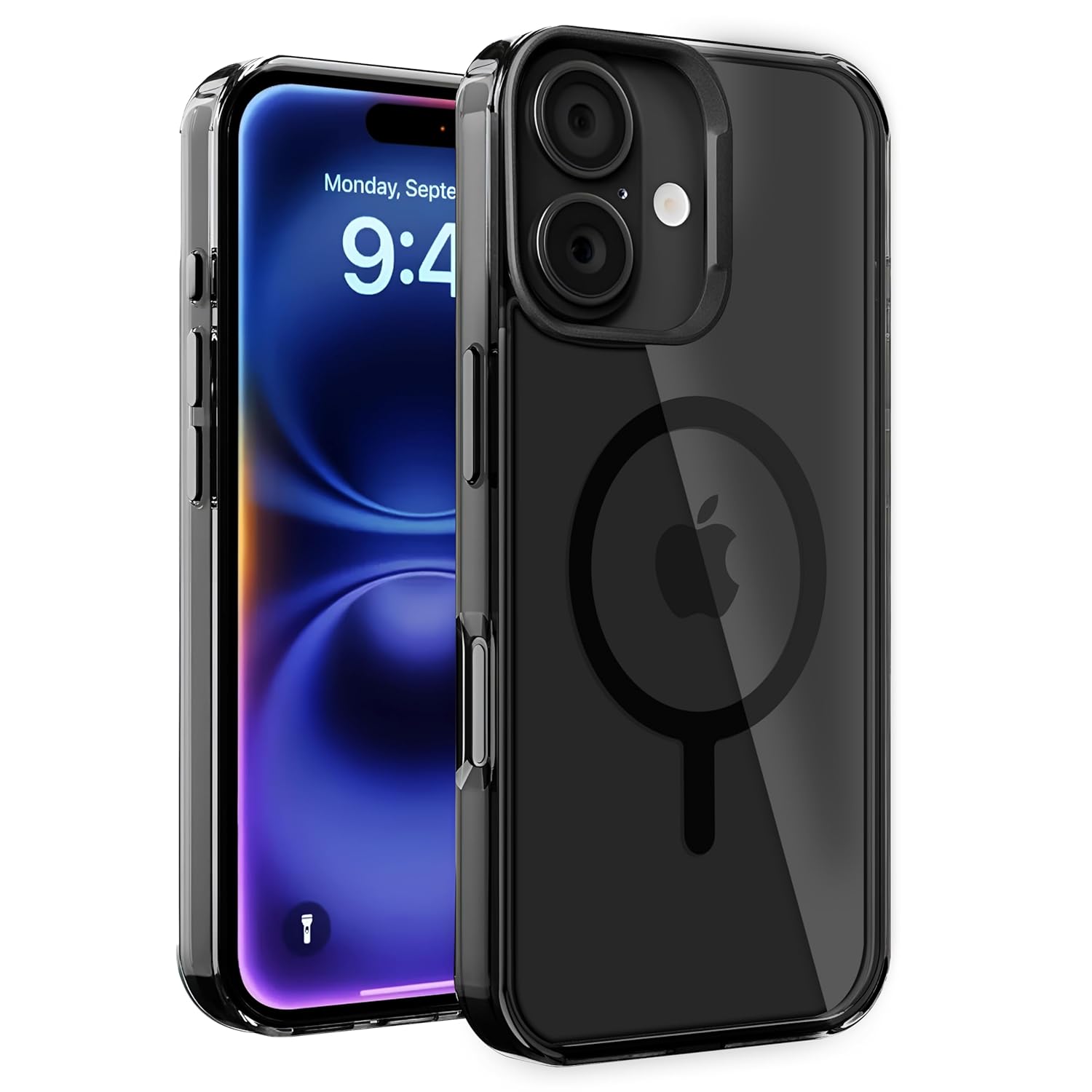 Minesk iPhone 16 için Cyrstal+ Serisi Magsafe ile Uyumlu Metal Lens Korumalı ve Metal Tuş Takımlı Hybrid Materyal Kılıf Kapak (Siyah, 16)