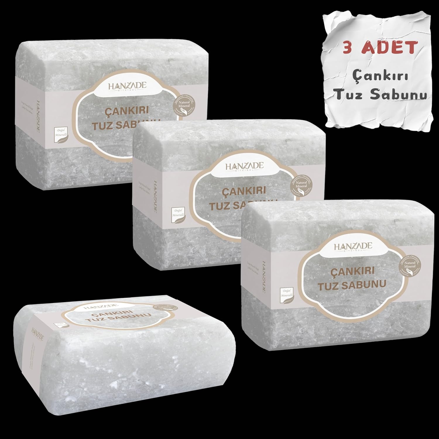 Hanzade Bitkisel Çankırı Tuz Sabunu 300-350 Gr x 3 Adet Zengin Mineralli Doğal Saf Çankırı Kaya Tuzu Sabunu