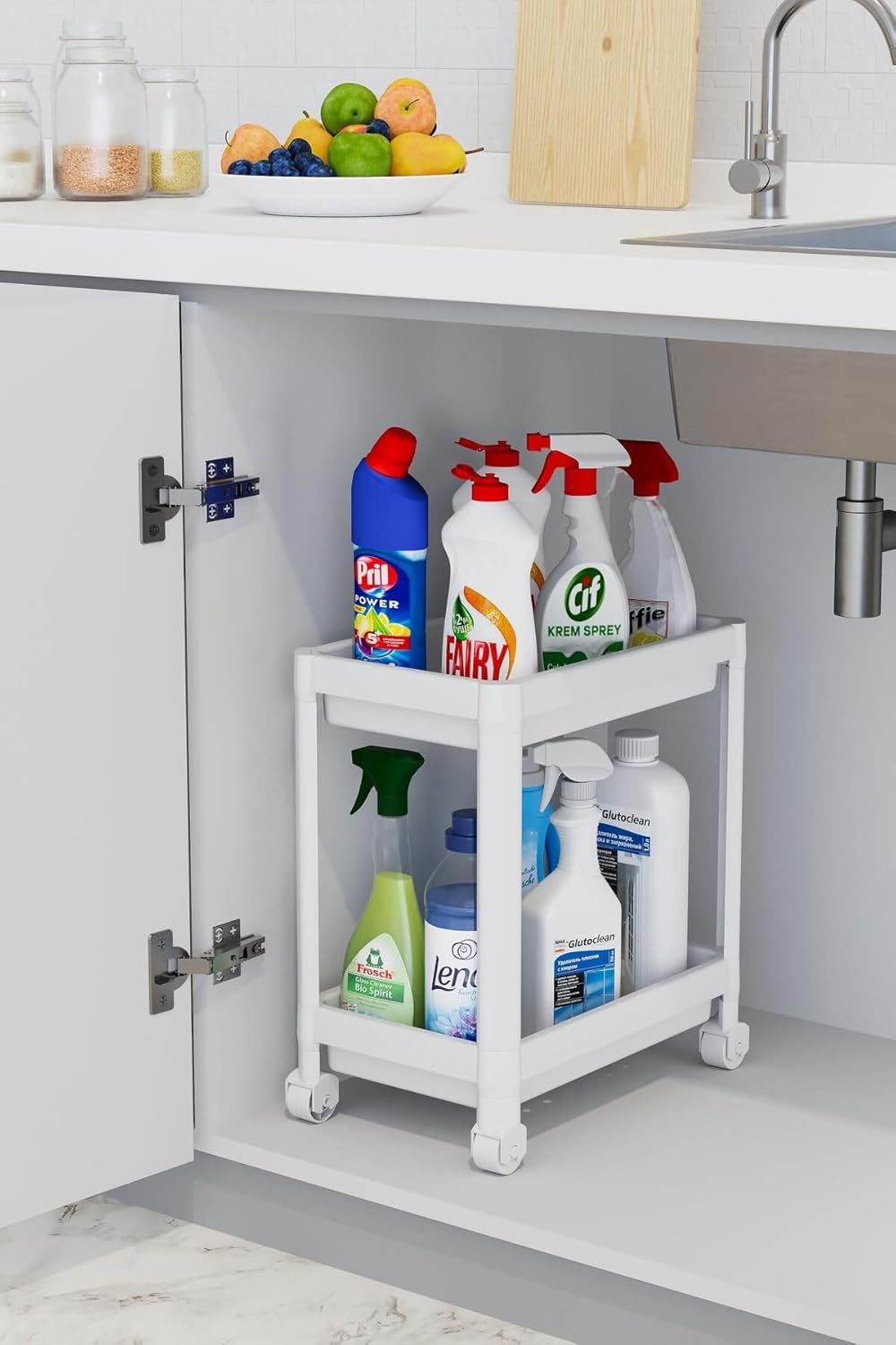 2 Katlı Tekerlekli Düzenleyici Raf Mutfak Tezgah & Evye Altı Dolap İçi Organizer, Banyo Deterjanlık ve Şampuanlık, Çok Amaçlı Taşınabilir Sebzelik, Modern Dekoratif Mutfak Raf Ünitesi (BEYAZ)