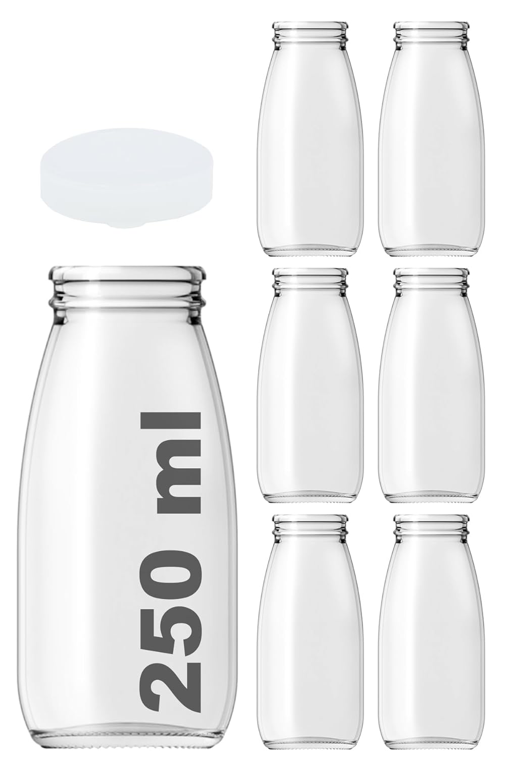 Afracam 250 ml Şeffaf Süt, Ayran, Limonata, Meşrubat Şişesi 250 Cc Plastik Kapaklı Boş Cam Şişe 6 Adet