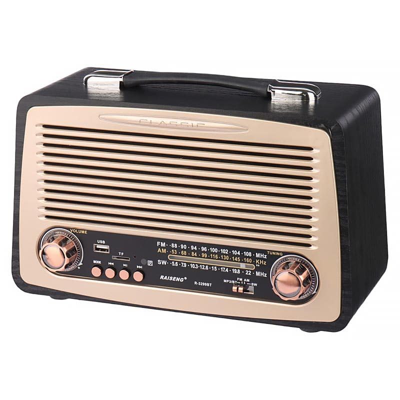 Coverzone Büyük Boy Retro Radyo Taşınabilir Bluetooth Speaker Ve Hoparlör Klasik Antika Tarzı İç ve Dış Mekan Multiband USB Girişli Dekoratif Klasik Radyo 30,5x18x11,5 cm 3299BT (Siyah)