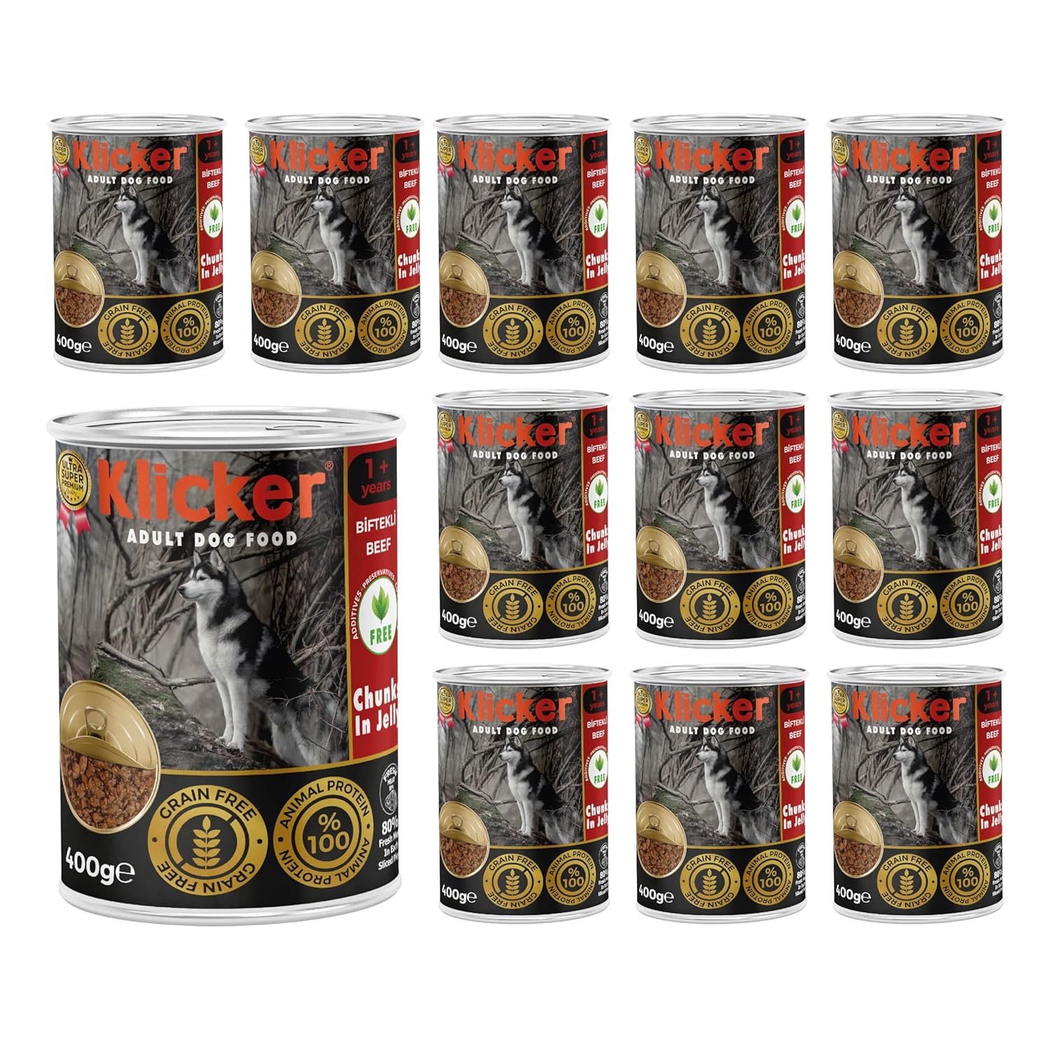 Klicker Yetişkin Köpek Biftekli ve Jöleli Konserve Mama 400 Gr x 12 adet