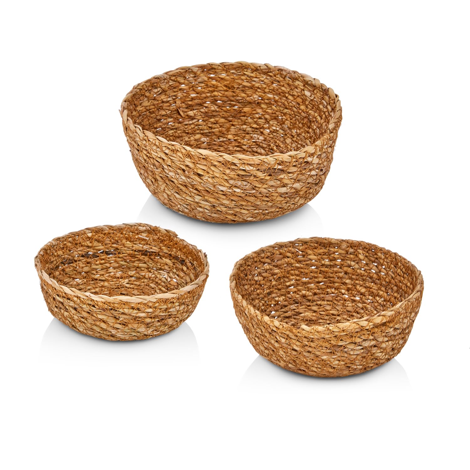 Deconox 3'lü El Yapımı Hasır Yuvarlak Dekoratif Çerezlik Meyvelik, Dekoratif Amaçlı Mini Hasır Sepetler (16cm*7cm-14cm*6cm-12cm*5cm)