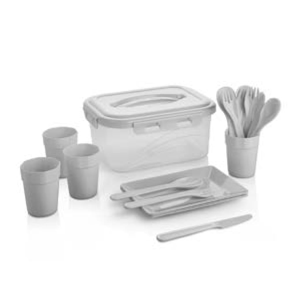 22 Parça Piknik Seti, 4 Kişilik, Tabak, Bardak, Çatal Kaşık Bıçak Takımı ve Saklama Kabı (Antrasit)