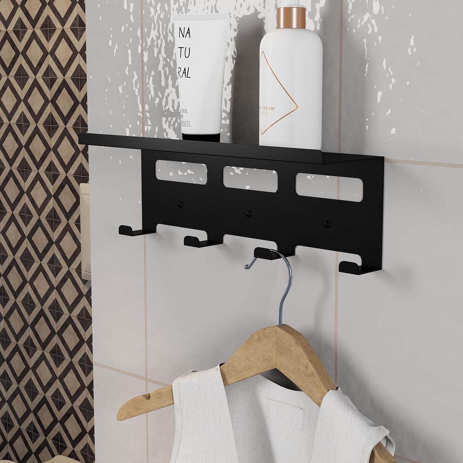 Siyah Metal Duvar Rafı ve Askılık - Çok Amaçlı Askı Aparatatı - Banyo, Mutfak, Giyinme Odası, Kiler ve Oda Kapı arkaları için Uygun