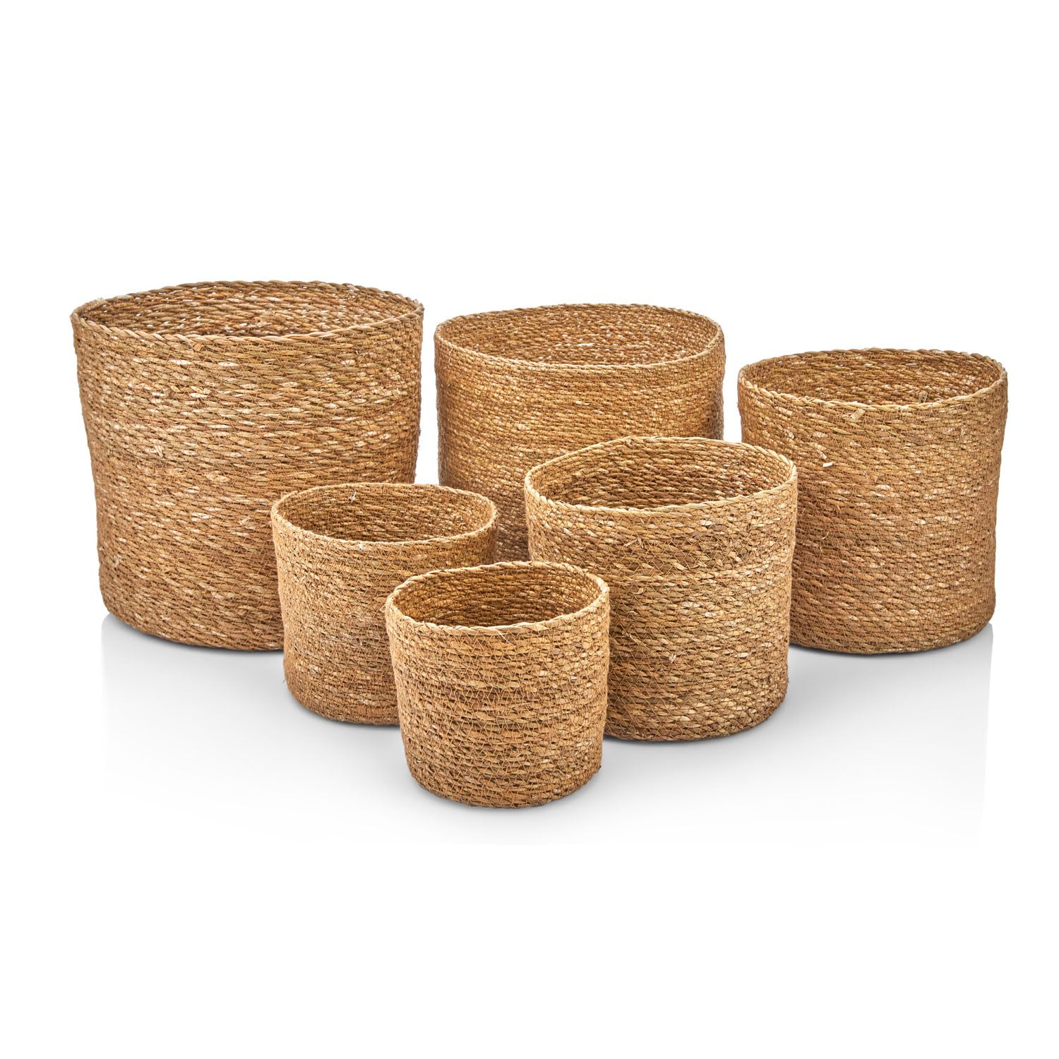 Deconox 3'lü El Yapımı Doğal Hasır Yuvarlak Saksı Seti, Hasır El Yapımı Yuvarlak Örgü Saksı 3'lü Set, Rattan Saksı Seti, (22cm*15cm-18cm*13cm-14cm*11cm)