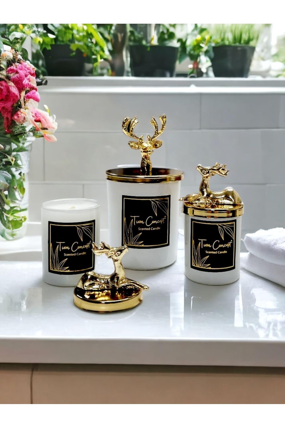 Dekoratif Gold Geyikli Vanilya Kokulu Beyaz Bardak Mum 3'lü Set