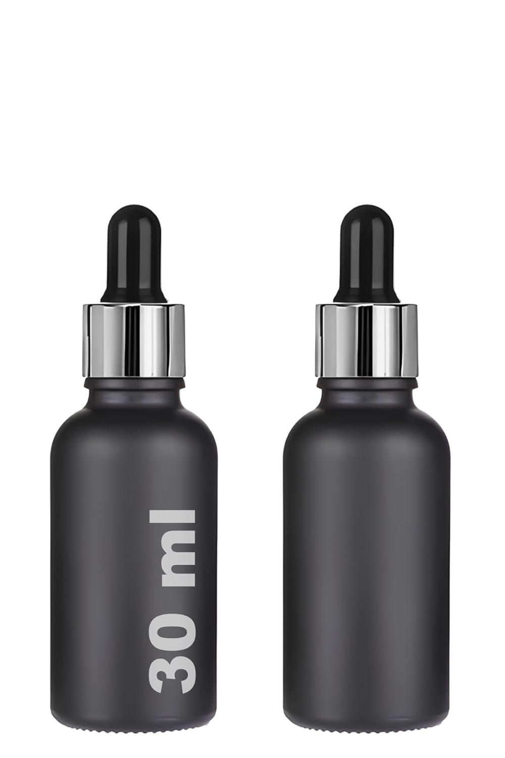 30 ml Mat Siyah Cam Damlalıklı Serum Şişesi 30 cc Renkli Metal Kapaklı Dropper Cam Şişe 2 Adet (Gümüş Yüzük | Siyah Lastik)