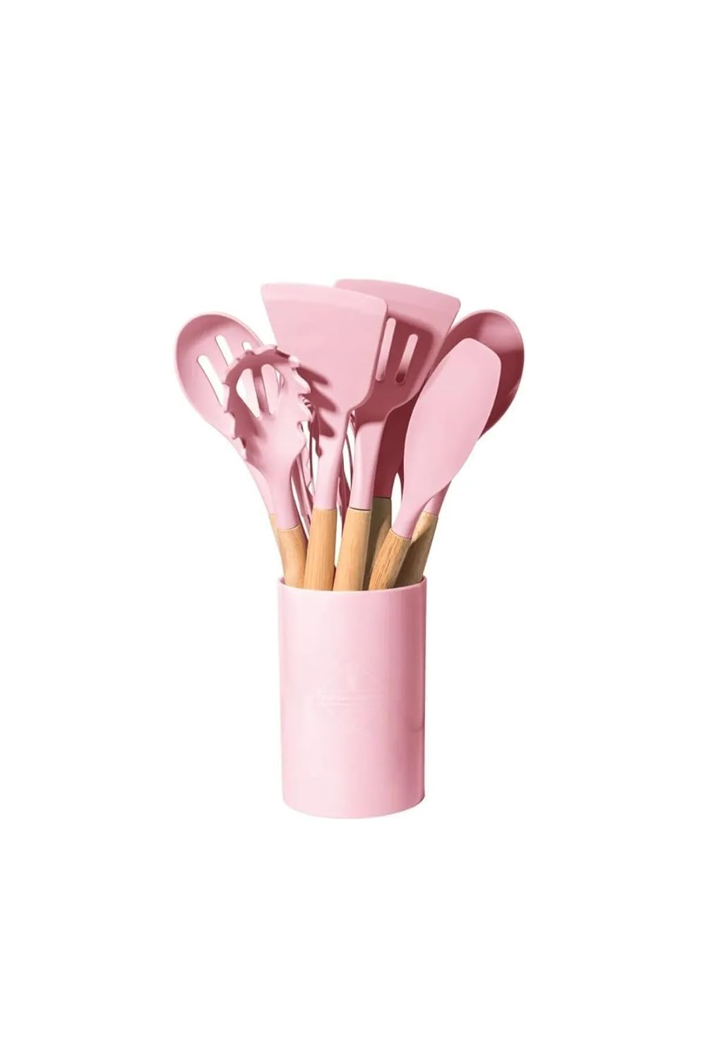 Pembe 12 Parça Ahşap Sap Silikon Mutfak Pasta Silikon Kepçe Çırpıcı Fırça Kevgir Kaşıklık Maşa Spatula Set