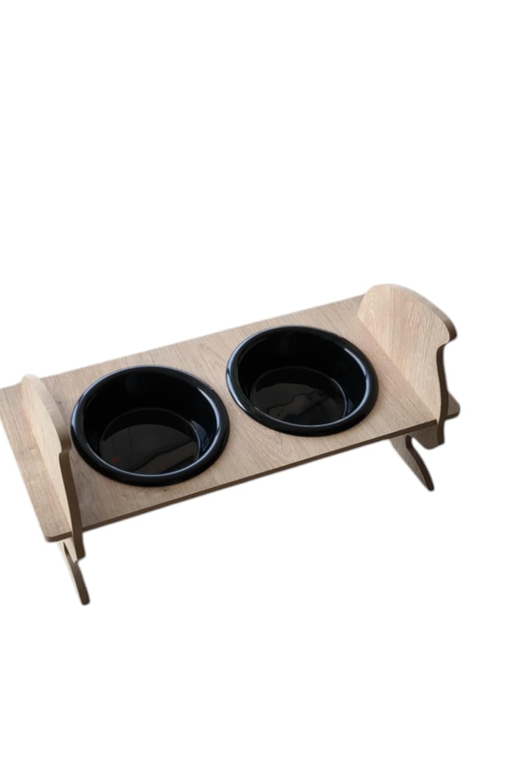 TİNEKE KEDİ KAFALI AHŞAP 2 Plastik Taslı Kedi Ve Köpek Mama Ve Su Kabı SİYAH