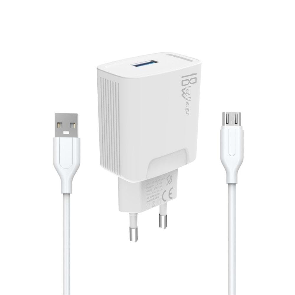 PDAteknoloji 18W Şarj Adaptörü + 3.0A Hızlı Şarj Micro USB Kablo Beyaz KDR-40M (Yerli Üretim) (Micro USB Kablolu)