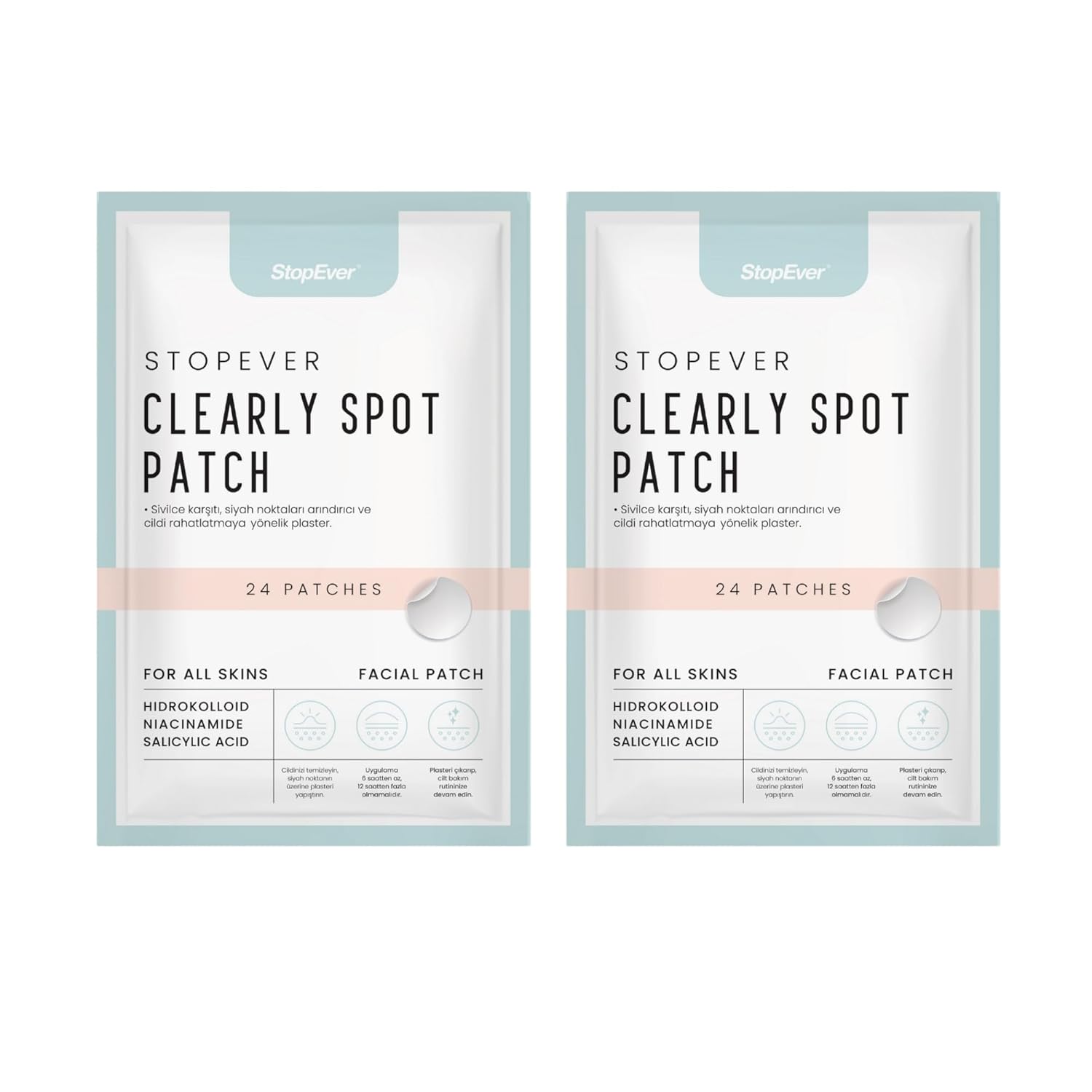 StopEver Clearly Spot Patch, Sivilce Karşıtı Şeffaf Plaster 2'li Paket | Ultra İnce, Hidrokolloid + Niacinamide + Salicylic Asit İçerikli Akne Karşıtı Yüz Bandı | 48 adet (2 x 24)