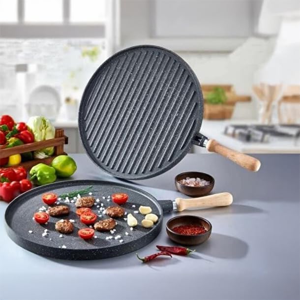 Deconox Yanmaz Yapışmaz Granit Kaplama Döküm Çift Taraflı Izgara ve Gözleme Tavası, Çift Taraflı Bazlama ve Et Tavası, Çıkarılabilir Saplı Granit Kaplama Döküm Tava 34cm