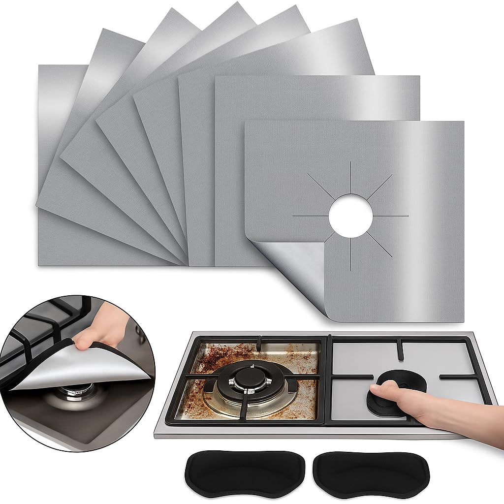 Kyrotech 5 Adet Gazlı Ocak Koruma Matı, Brülor Koruma Pedi, Yeniden Kullanılabilir Gazlı Ocak Üst Kapakları, Mutfak İçin, Kesilebilir, Kolay Temizlenebilir, Boyut 27 * 27 CM, Gümüş Renk