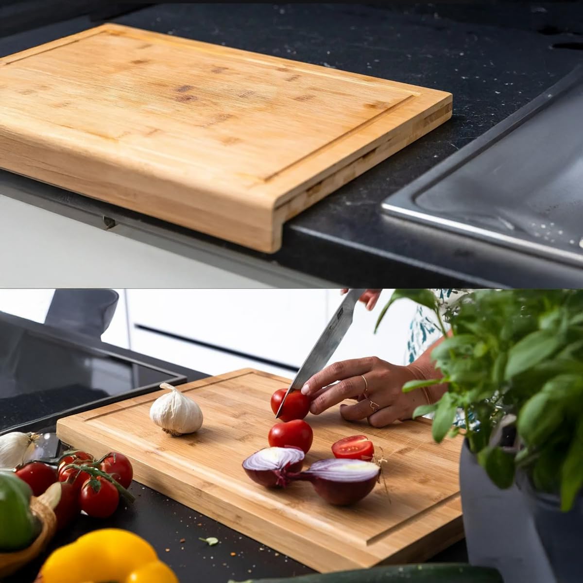 Deconox Tezgah Üstü Bambu Kesme Tahtası, Kaymaz Ekmek Tahtası, Kenarlı Kesme Tepsisi Orta Boy (35cm*25cm) - Tezgah Üstü Bambu Kesim Panosu Antibakteriyel ve Hijyenik, Dayanıklı ve Sağlam.