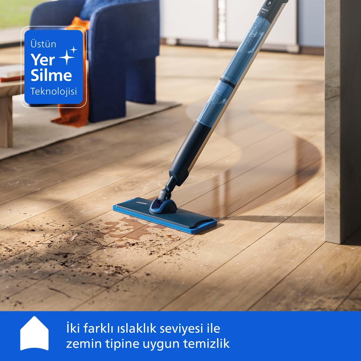 Philips OneUp 5000 Serisi Elektrikli Mop, Kablosuz, Bakterilere karşı %99,9 etkili, 360 derece başlık ile zahmetsiz kullanım, (XV5113/01)