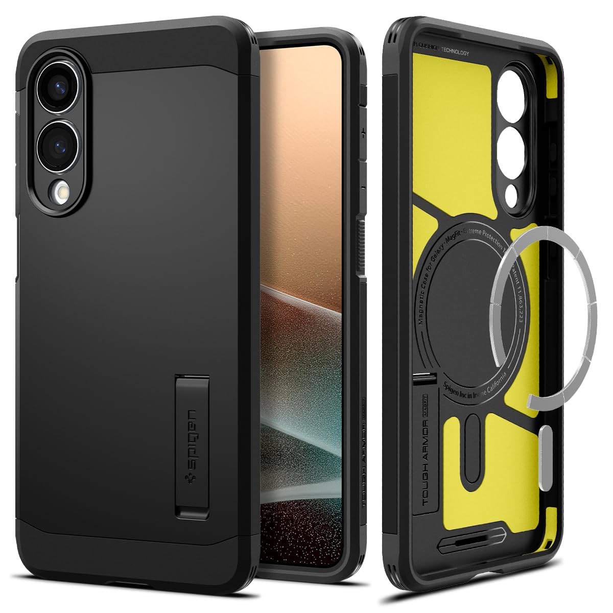 Spigen Galaxy S25 Edge ile uyumlu Ekstra Dayanıklı Kılıf Tough Armor Ai Hava Kanalı Teknolojisi Askeri Sınıf Koruma MagFit özellikli KickStand'lı Black Çift Katman Kapak - ACS09422