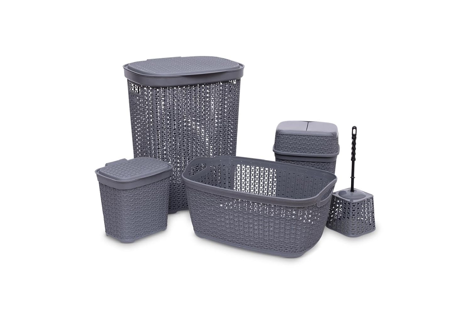 Miss Collection 5'li Hasır Desenli Set - Kirli Sepeti+Çamaşırlık+Deterjanlık+Çöp Kovası+WC Fırça Antrasit