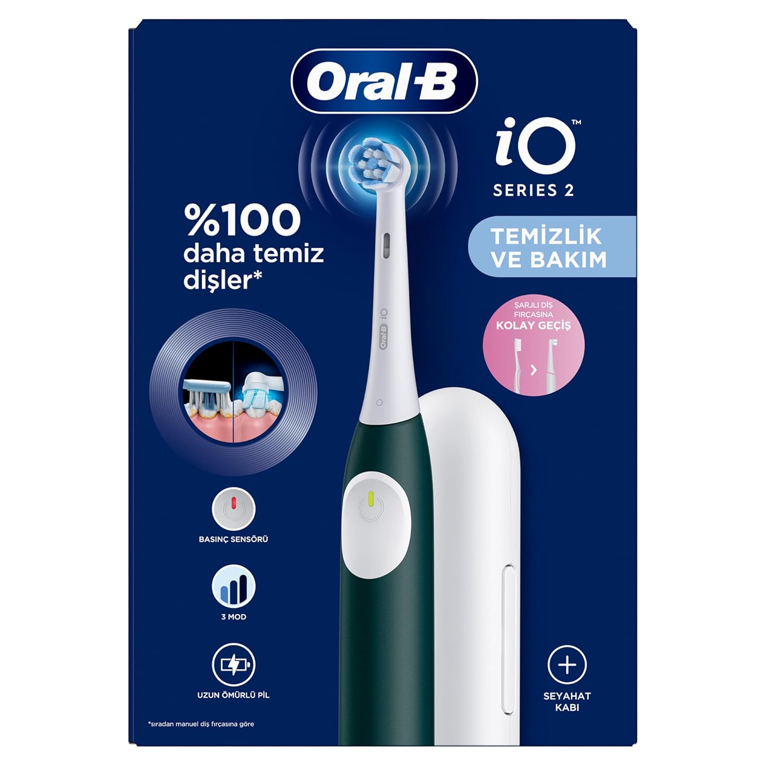 Oral-B iO 2 Siyah Diş Fırçası - Yeşil, Seyahat Kabı ile