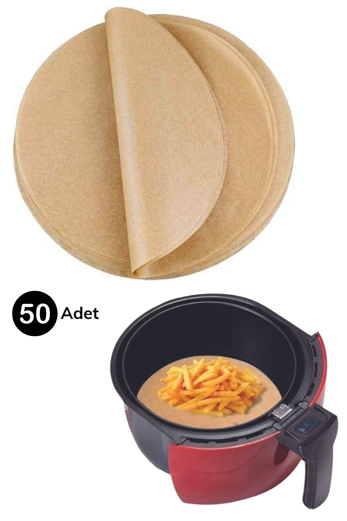 BUFFER® 50 Adet Air Fryer Pişirme Kağıdı Tek Kullanımlık Hava Fritöz Yağ Geçirmez Pişirme Kağıdı 21,5 cm Yuvarlak Model XXL Model Uyumlu