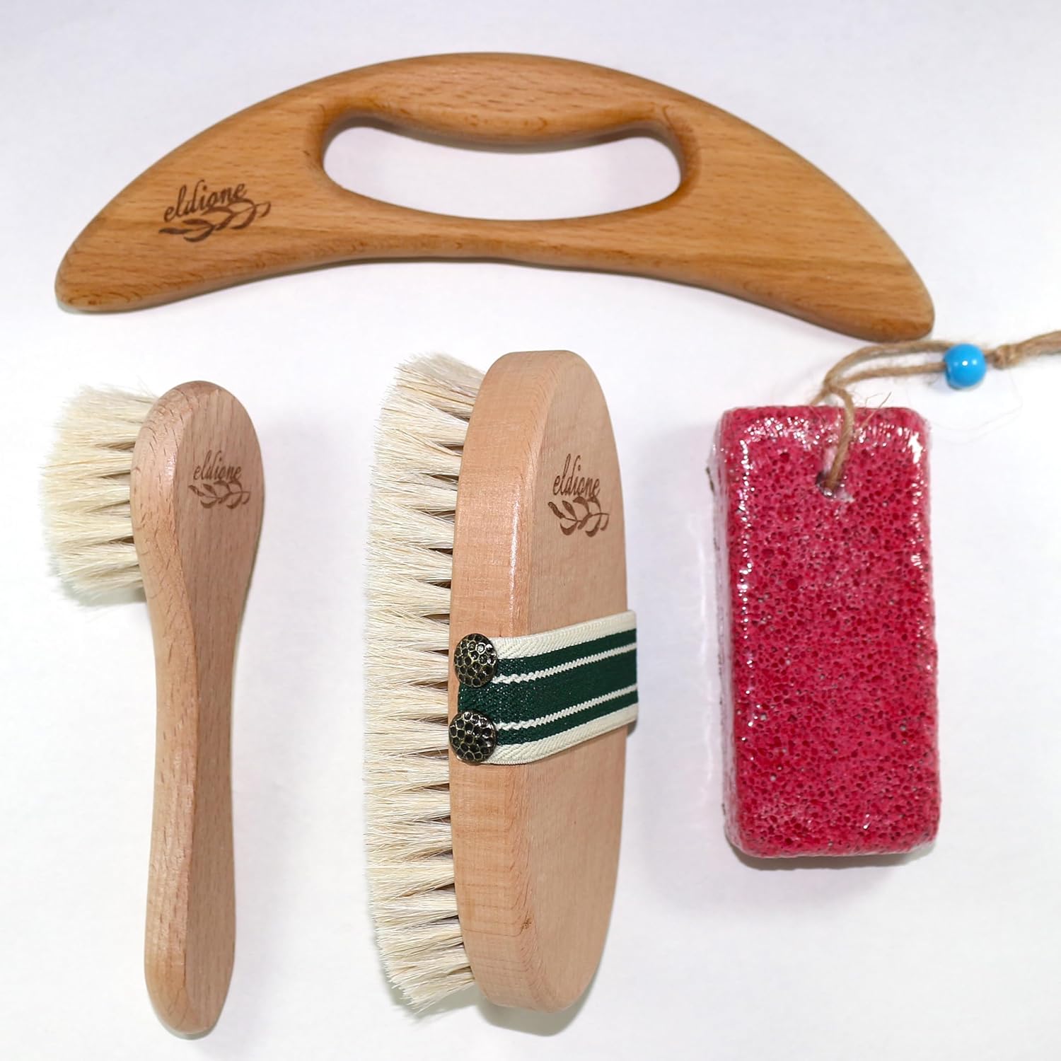 eldione 4'lü Bakım Seti Selülit Giderici Masaj Aleti Lenf Drenaj Masajı Akapunktur Doğal At Kılı Sıkılaştırıcı Vucüt Fırçası Gençleştirici Yüz Bakım Fırçası Ponza Topuk Taşı Kişisel Bakım Peeling