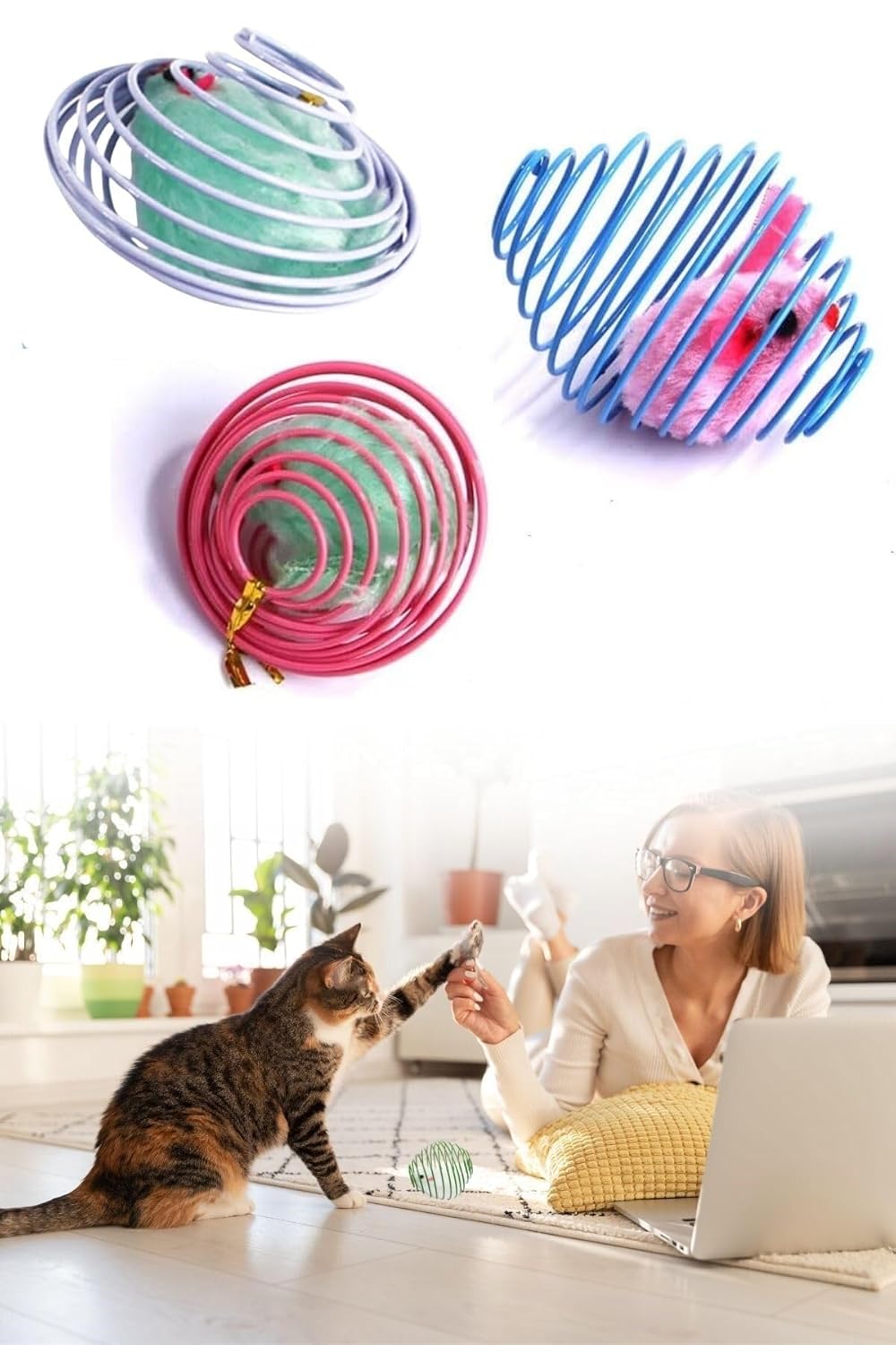 Buffer Yaylı Metal Fareli Kafes Kedi Oyun Topu Sıçrayan Spiral Kedi Topu