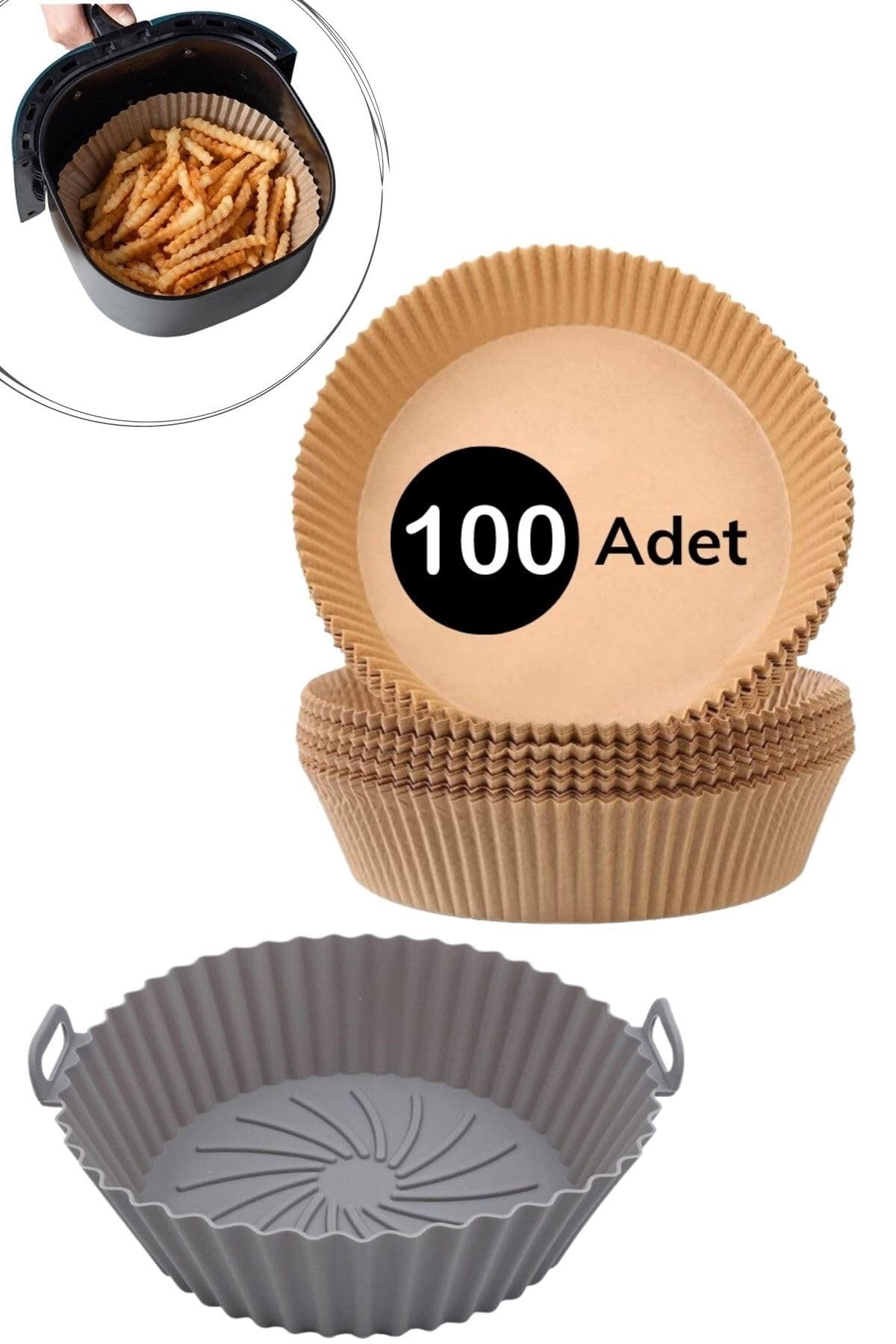 Buffer Silikon Airfryer Gri Pişirme Matı 20 Cm Ve 100 Adet Pişirme Kağıdı