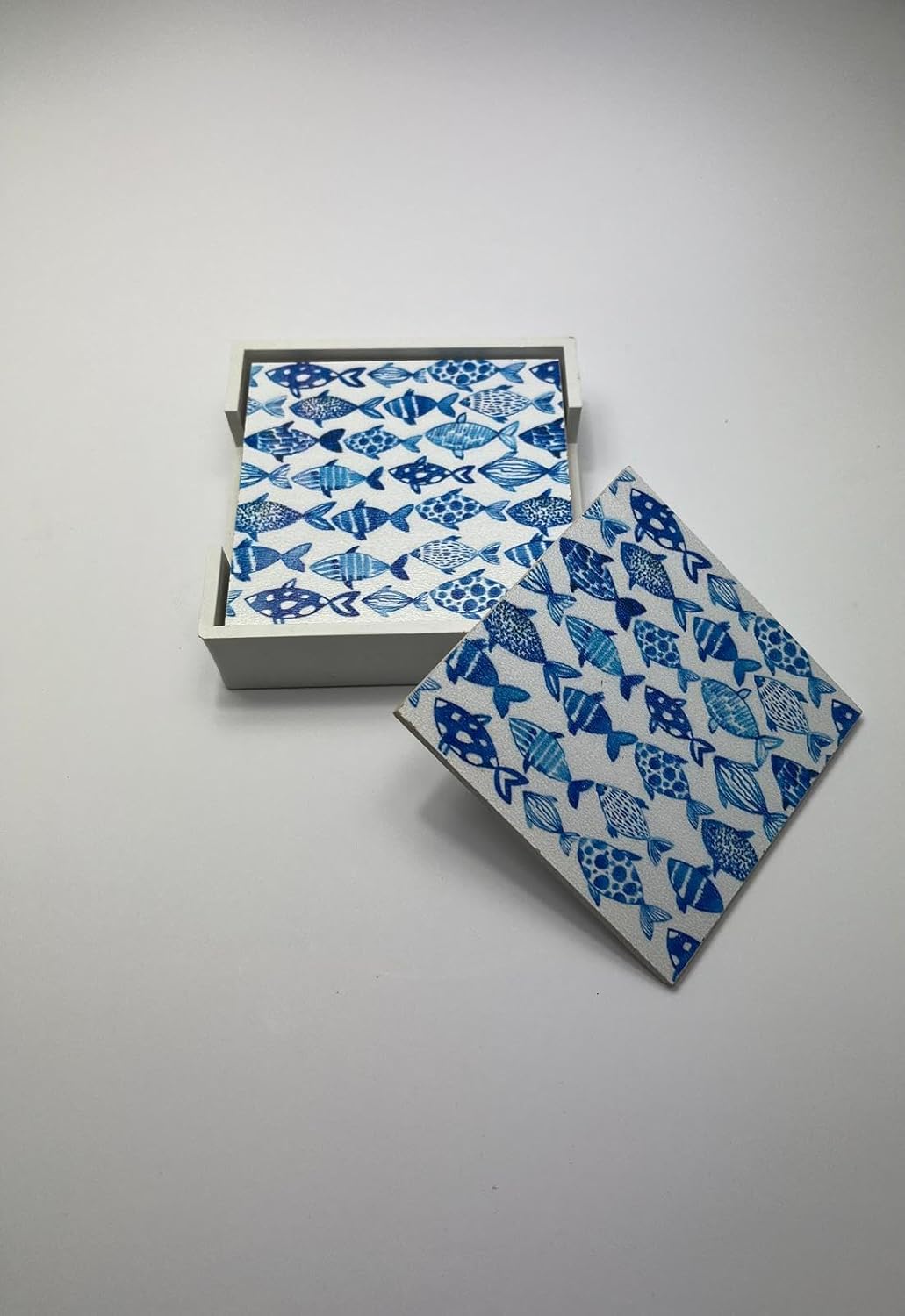 6’lı Ahşap Bardak Altlığı Seti (Kutulu - Mavi Balık Desenli)