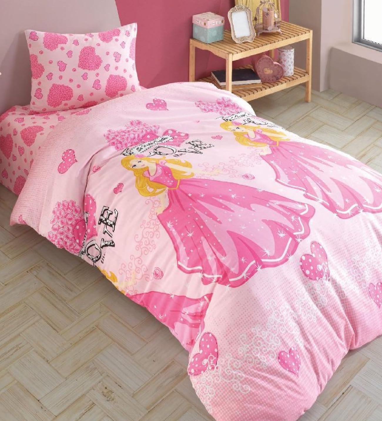 LALİVA Çarşafı Lastikli Kız Çocuk Nevresim Takımı Prenses Tek Kişilik Ranforce, Pembe
