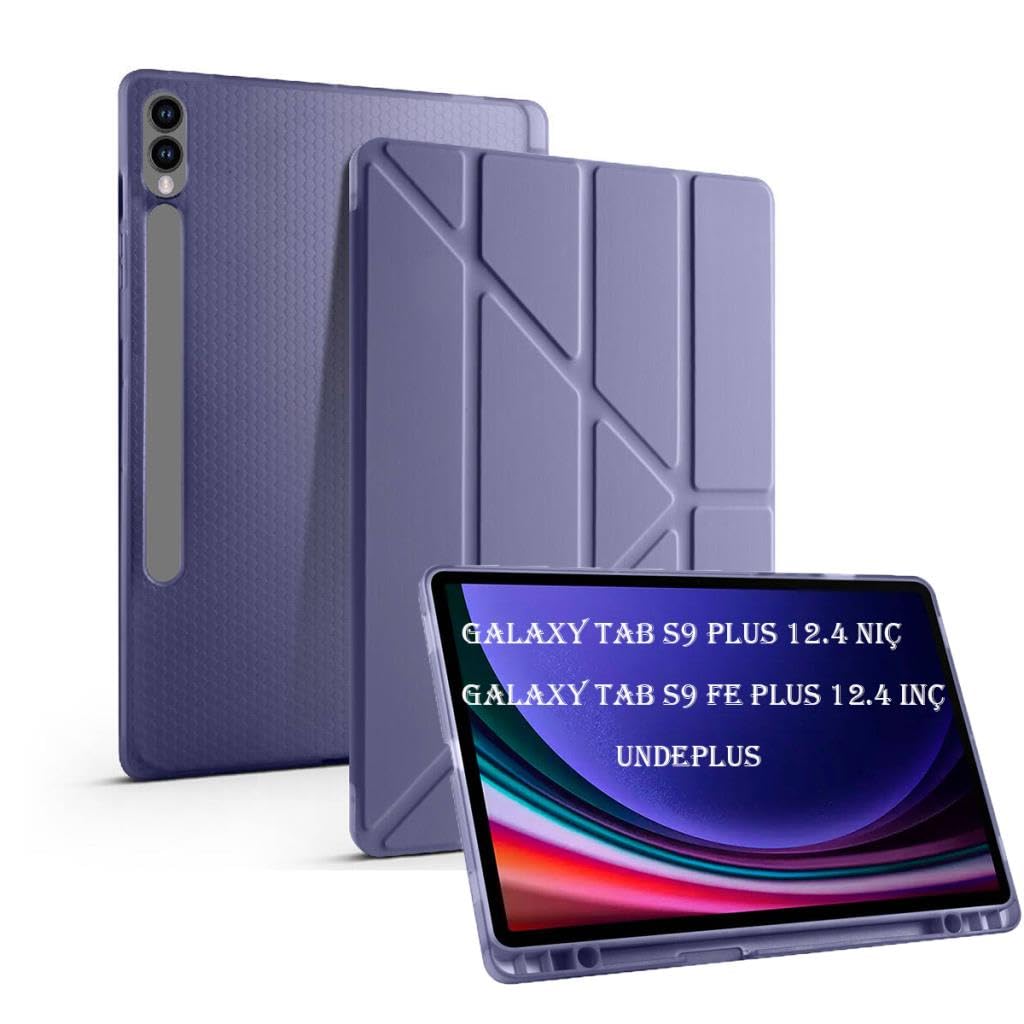 Samsung Galaxy Tab S9 FE Plus/S10 Plus ile uyumlu Kılıf Kalem Bölmeli Trifolding Case X610 X616 X820 X826 X828 Lavendery Gray