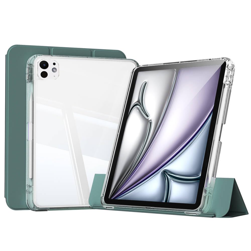 Apple iPad Pro 11 inç M4 2024 ile uyumlu Kılıf Kalem Bölmeli Akrilik Şeffaf Ayrılabilir Case A2836 A2837 A3006 Koyu Yeşil