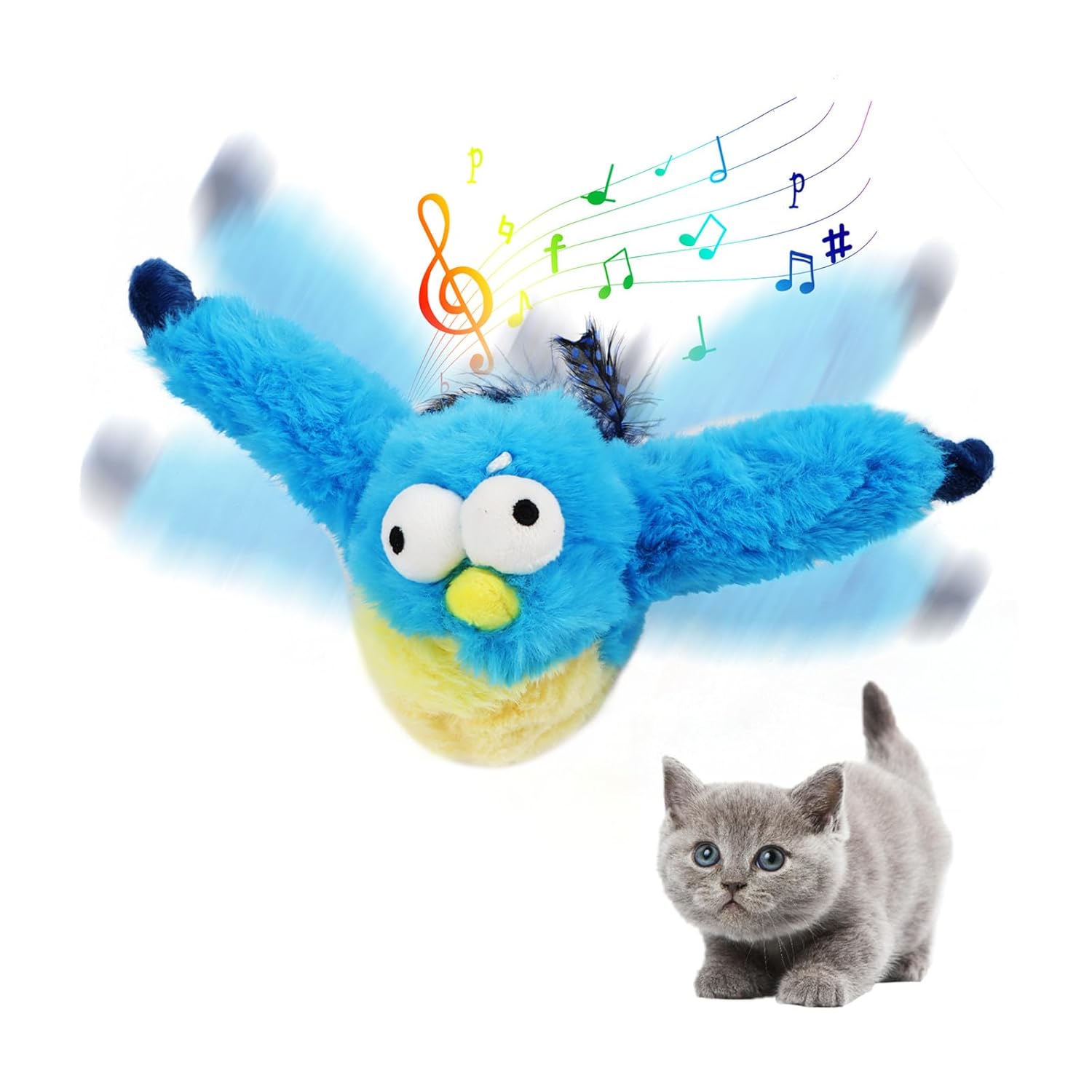 MplehDa Kedi oyuncağı, kanatlı kuş, kedi oyuncağı, elektrikli kuş, etkileşimli kedi oyuncağı, gerçek çırpınan ve cıvıltı, kuş şeklinde pelüş kedi oyuncağı, kediler için