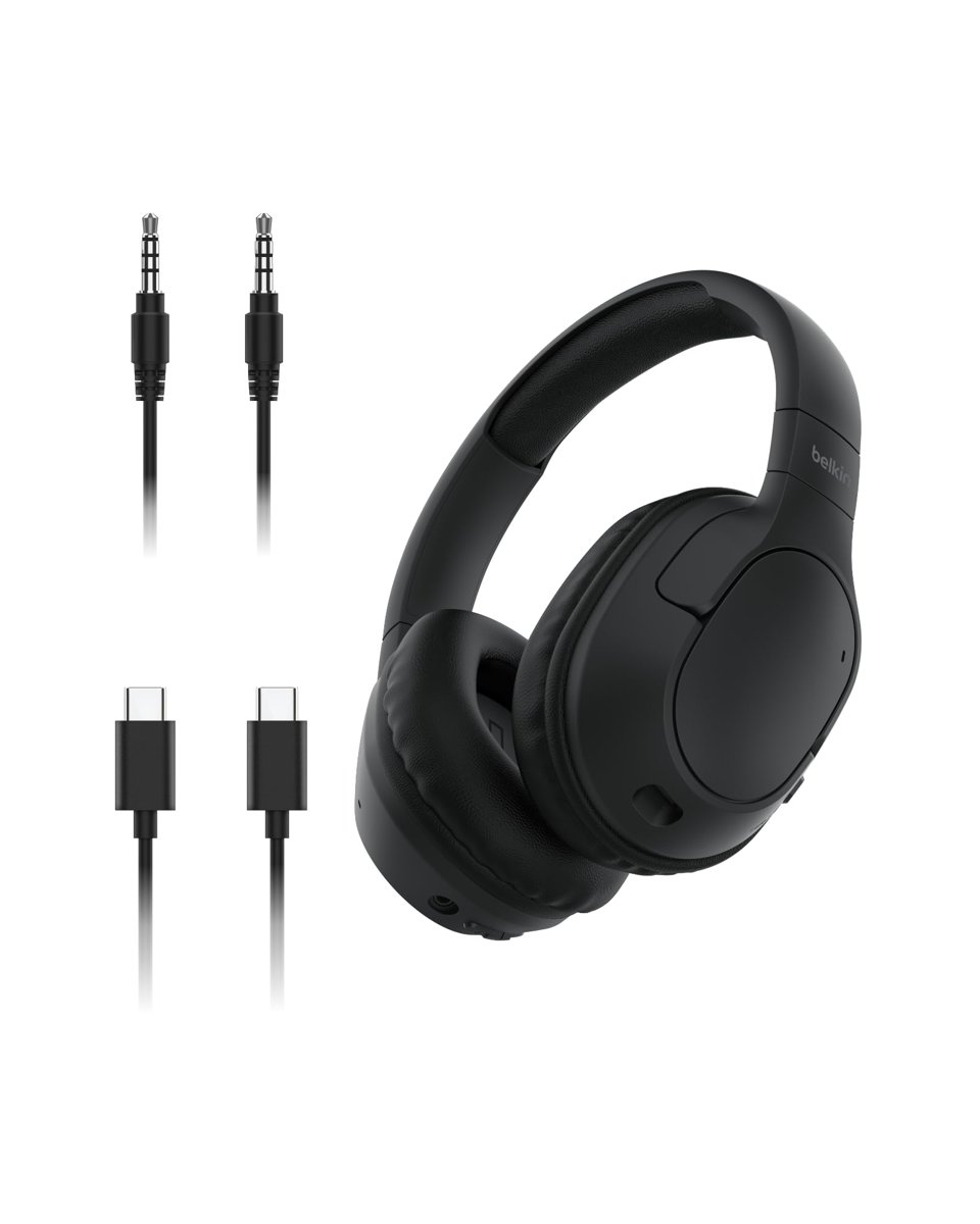 Belkin SoundForm Surround Bluetooth Kulak Üstü Kulaklık, Gürültü Engelleme, Kablosuz, 60 Saat Çalma Süresi, Yumuşak Kulak Yastıkları, iPhone, Galaxy, iPad, Seyahat, Ev, Ofis için, Siyah