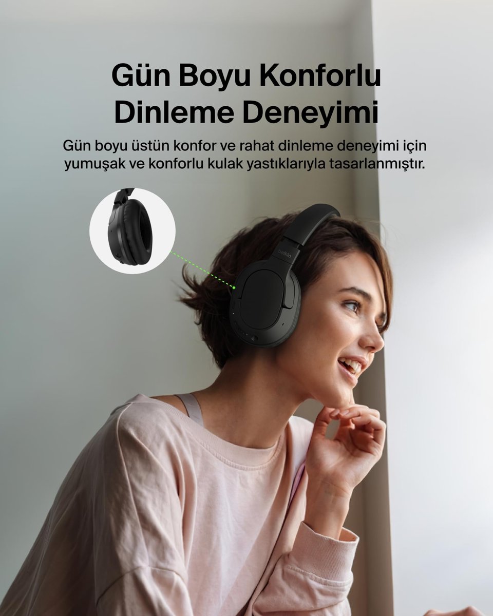 Belkin SoundForm Surround Bluetooth Kulak Üstü Kulaklık, Gürültü Engelleme, Kablosuz, 60 Saat Çalma Süresi, Yumuşak Kulak Yastıkları, iPhone, Galaxy, iPad, Seyahat, Ev, Ofis için, Siyah