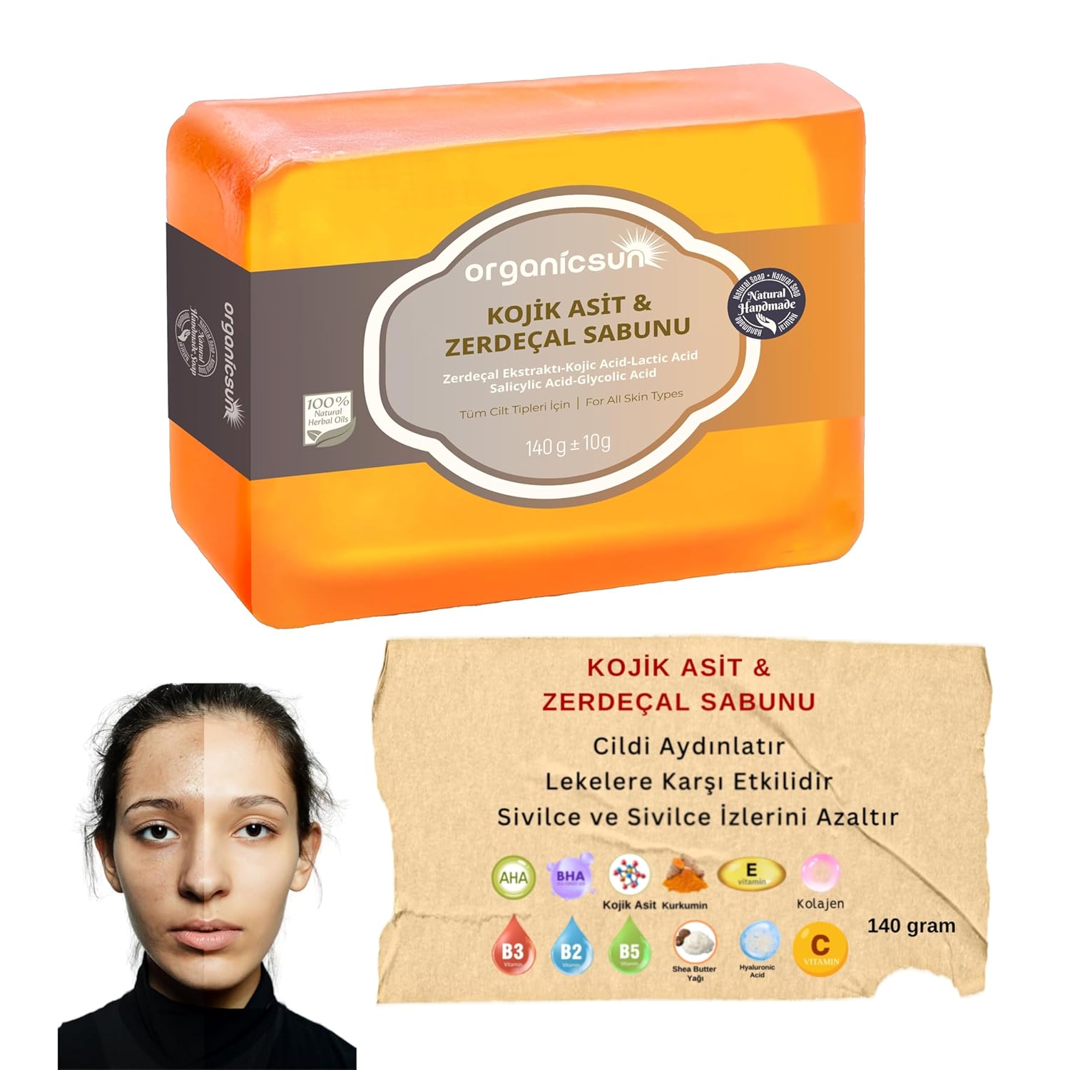 Organicsun Kojik Asit & Zerdeçal Sabunu 140 Gr Leke ve Sivilce Karşıtı Kojic Acid - Kolajen - AHA BHA - C Vitamini - Hyaluronic Acid - Shea Butter Yağı İçerikli Aydınlatıcı Sabun