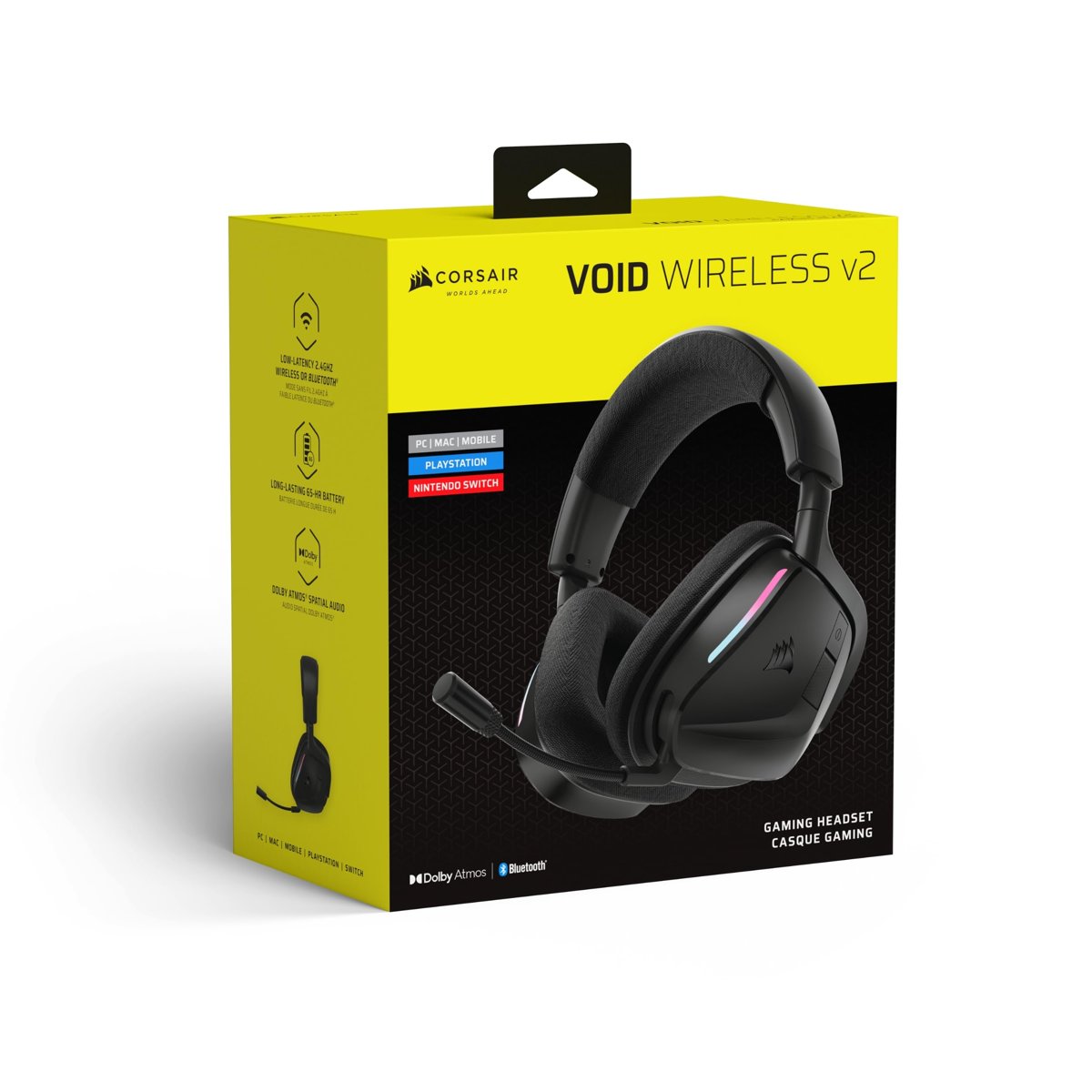 Corsair Void v2 kablosuz oyun kulaklığı, Bluetooth'lu PC, PS5, PS4, Switch, Mobile için – Dolby Atmos, 70 saat pil, çift kablosuz, hafif, hızlı şarj – karbon